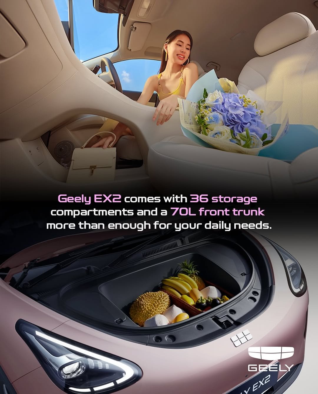 Geely EX2 fits all your daily needs_____From groceries to gym bags_ everything fits with ease. With 36 storage compartments and a EXtra large 70L front tru_1
